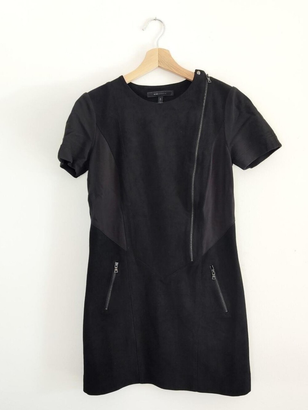 BCBG Maxazria Black Faux Suede Rocker Zipper Straight Mini Cocktail Dress